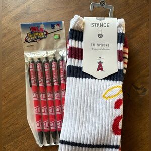 LA Anaheim Angels Stance The Pipebomb Lucky Knee High Socks & 2008 Pens Lot